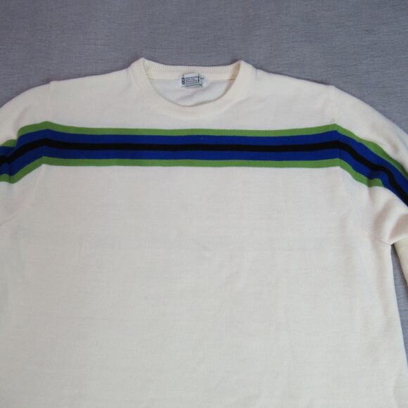 Vintage 80s 90s Badge Sweater Mens Size XL Cream Striped Knit Old School Preppy - Picture 3 of 8